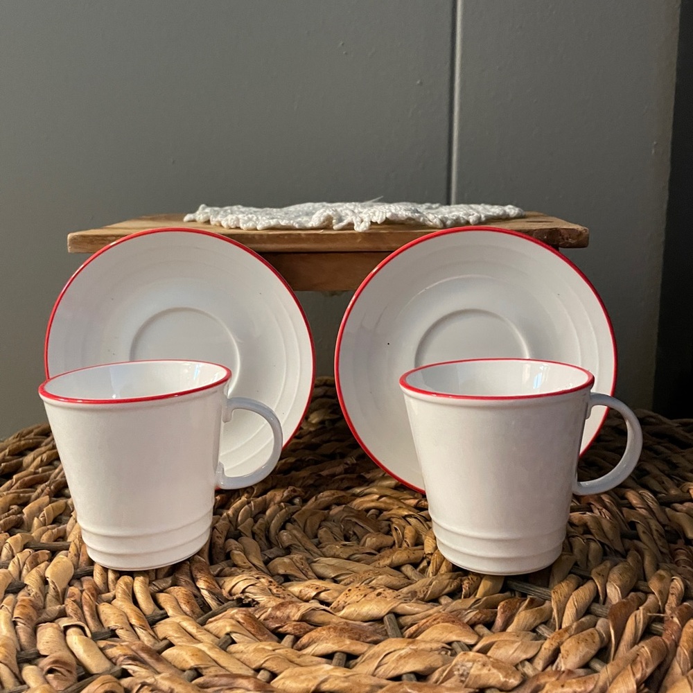 Crate&Barrel Red-Trimmed White Mugs